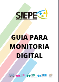 capa do Guia da Monitoria Digital escrito ao centro com da SIEPE acima, fundo branco com tiras coloridas.  